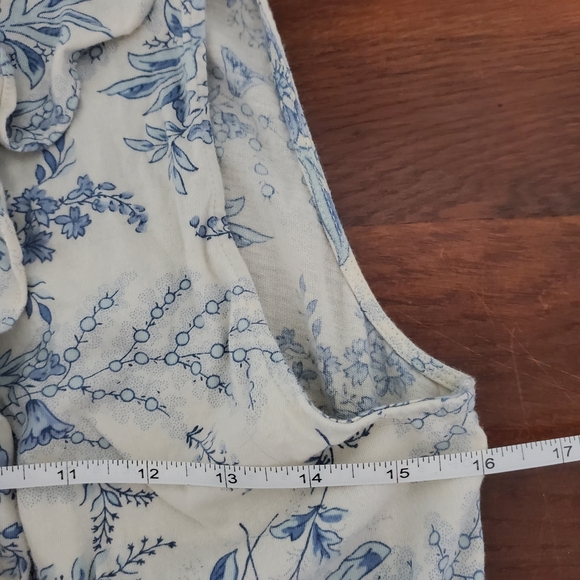Vintage Ralph Lauren Blue Floral Toile Ruffle Blouse Cottagecore Sleeveless L - Picture 4 of 6